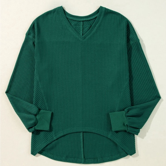 Tops - Green Waffle-knit Loose Fit Top